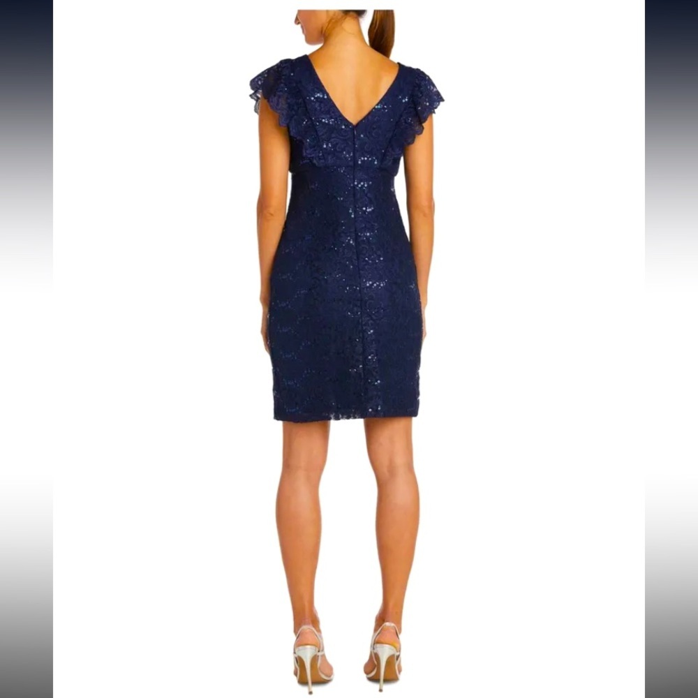 Women’s Formal Dress Size 14 NIGHTWAY Navy Sequins Flutter Sleeve Short Evening - Picture 4 of 6